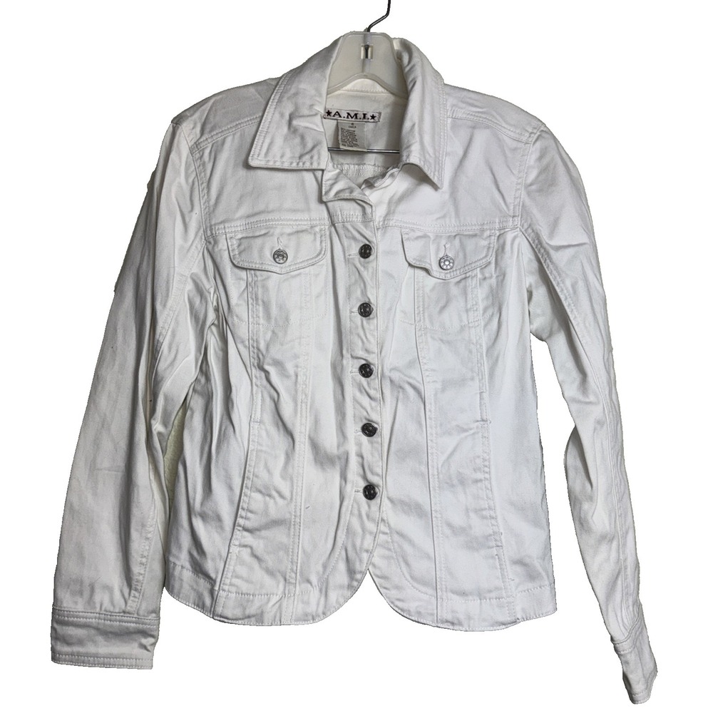 Vintage Y2K AMI White Denim Jacket Womens Small S Stretch Cotton Trucker Jean
